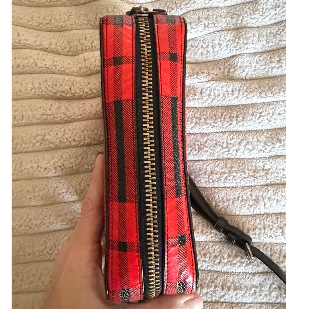 Coach Buffalo Plaid Red Black Leather Crossbody Camera Bag Gunmetal Hardware - Picture 10 of 13